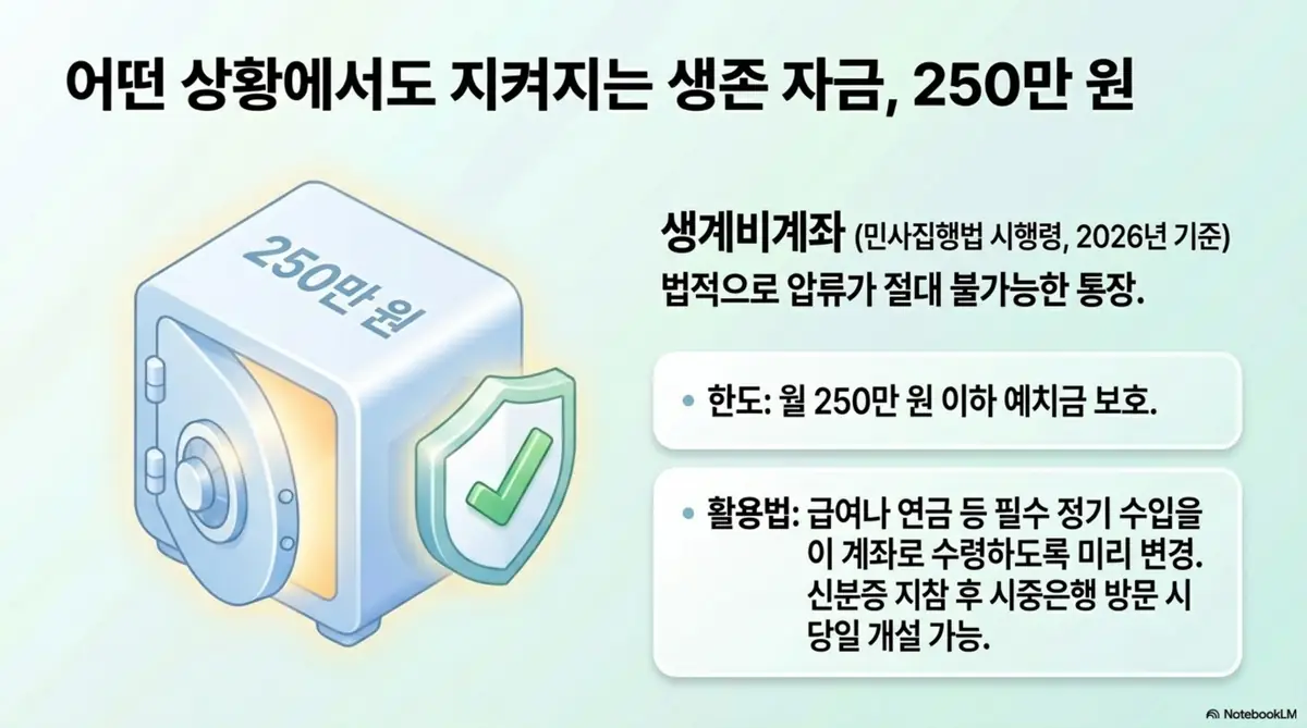 대출연체 카드정지: 민사집행법 시행령에 따라 생계비계좌에 월 250만 원까지 압류가 차단되는 제도를 설명하는 인포그래픽. 신분증 지참 후 시중은행 방문 시 당일 개설 가능하며 급여나 연금을 이 계좌로 수령하는 활용법을 안내함 
