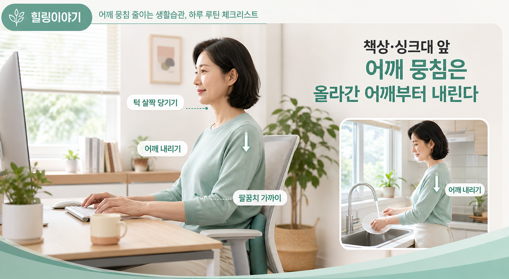 어깨 뭉침 줄이는 생활습관 중 책상과 싱크대 앞에서 어깨를 내리는 자세