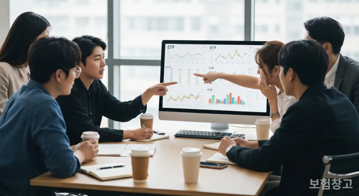 ETF 투자 전략을 논의하는 한국 직장인들