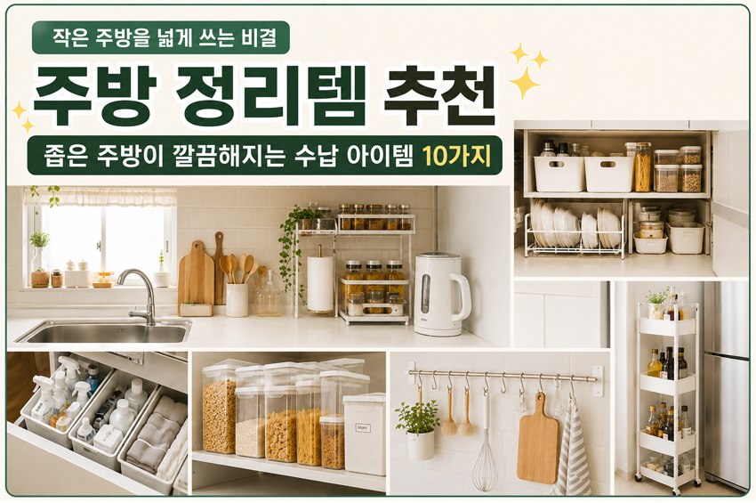좁은 주방을 깔끔하게 정리할 수 있는 양념통 정리함, 상부장 수납함, 하부장 바구니, 틈새 트롤리 등 주방 정리템 10가지를 보여주는 썸네일 이미지