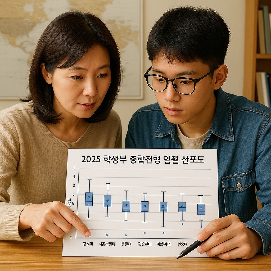 부모와 학생이 함께 입시 지도를 바라보는 장면