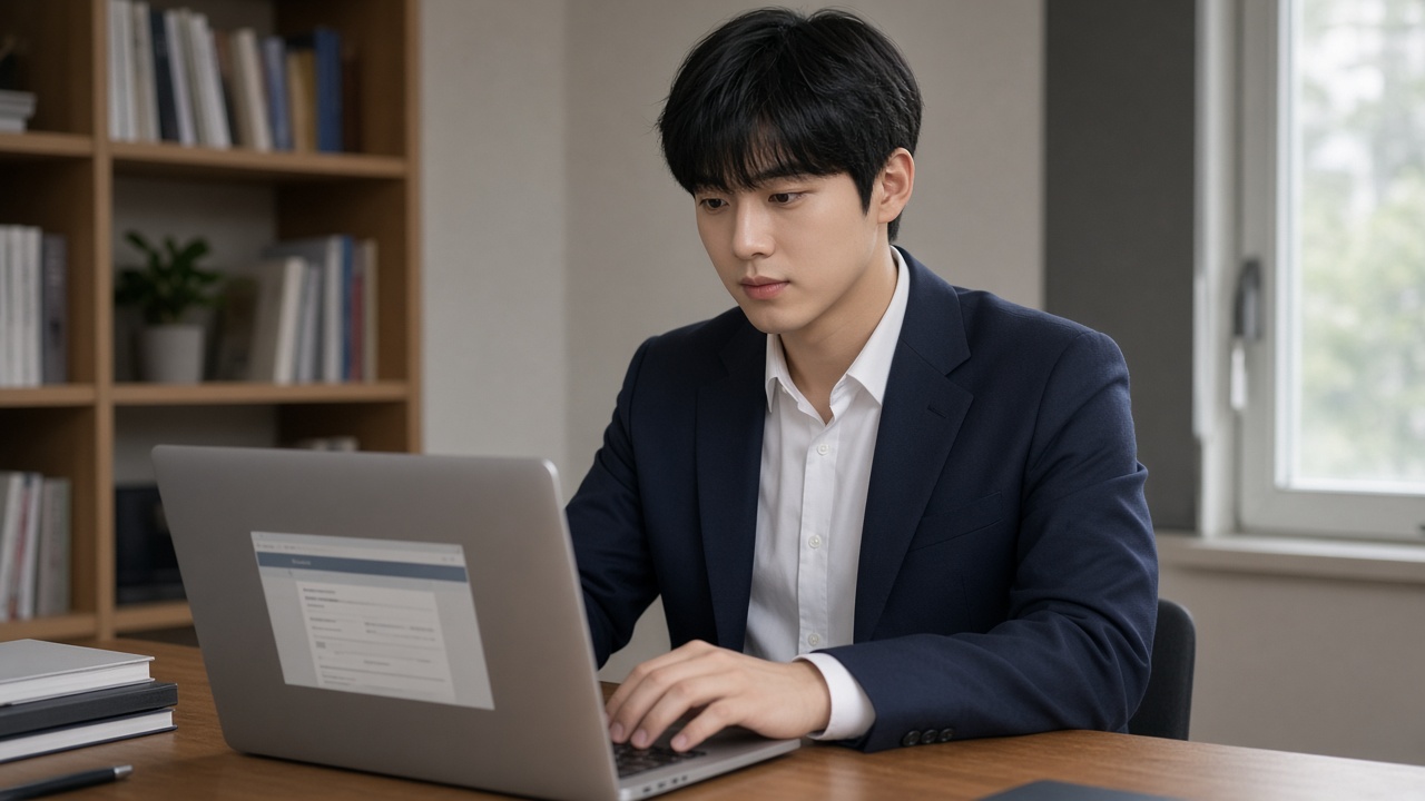 노트북으로 시험 원서접수 페이지를 열어 둔 20대 한국인 남성 취업준비생