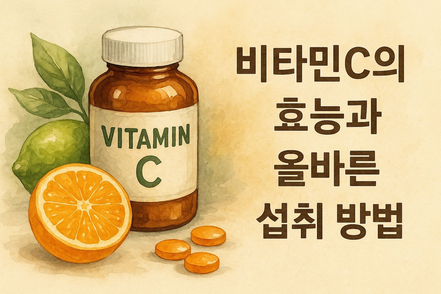 비타민 C 보충제를 중심으로 오렌지와 라임을 함께 배치한다.
