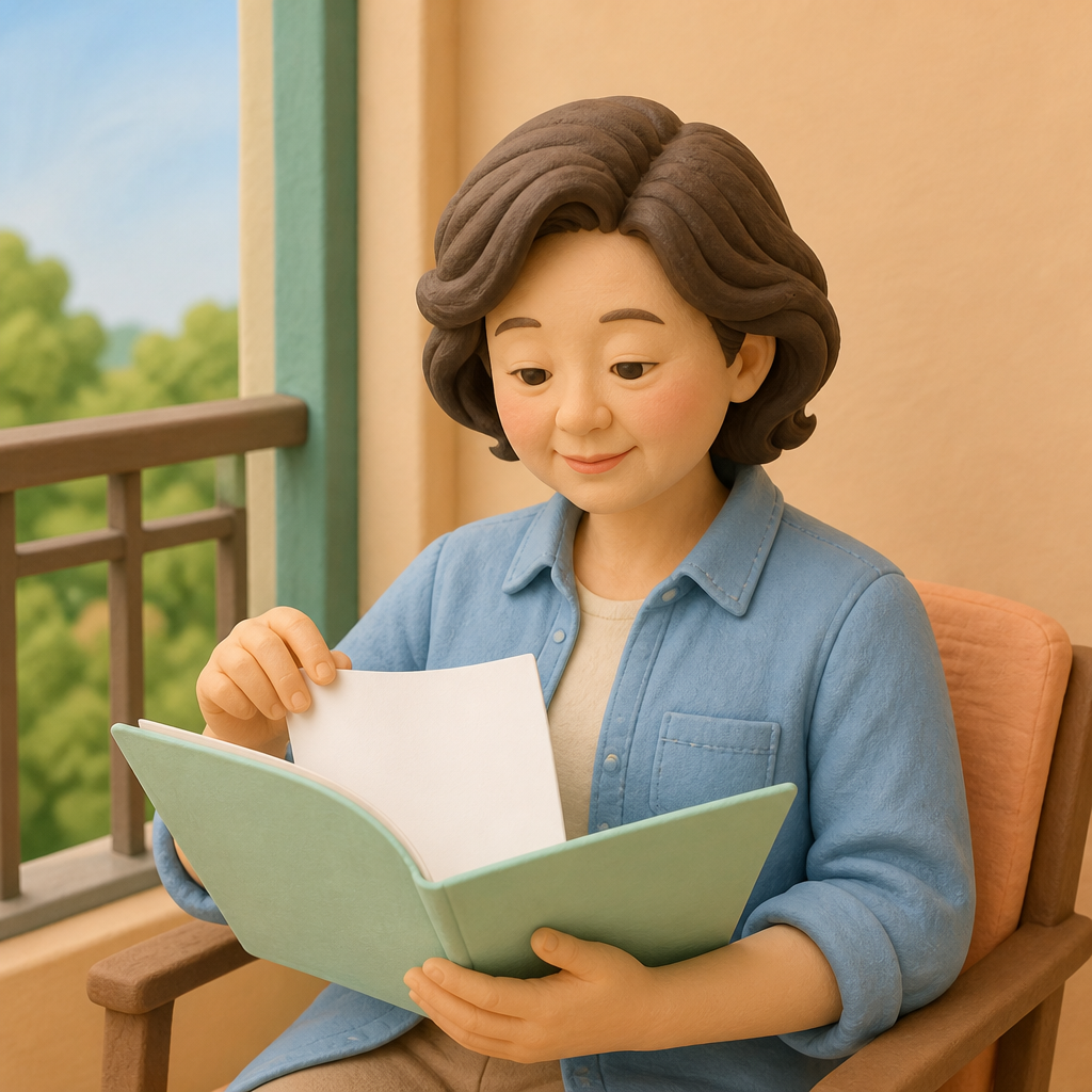 베란다 창가 의자에서 서류 파일을 넘겨 보는 50대 여성