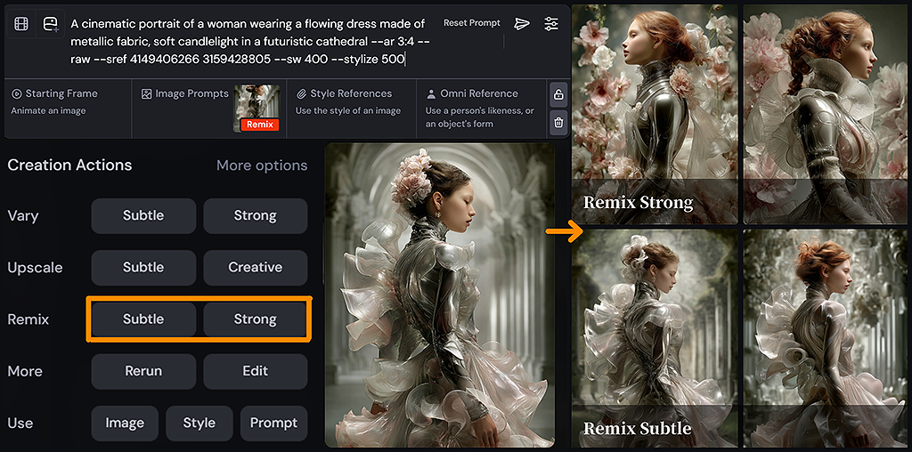 스타일 일관성, 금속 드레스를 입은 여성의 기본 이미지에 Remix 기능을 사용하여 붉은 머리를 추가하거나 배경을 정원으로 변경하는 과정 예시_Midjourney