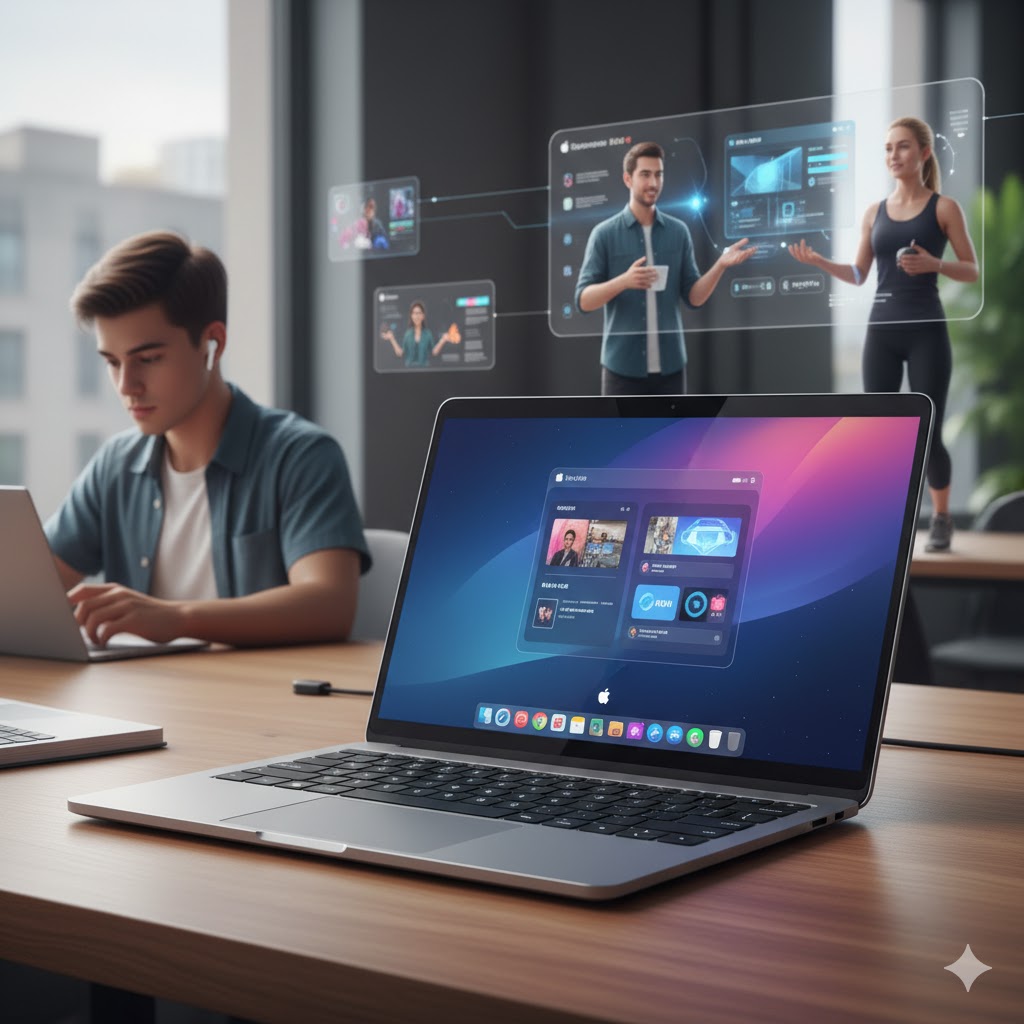 책상 위에 놓인 은색 맥북이 보이고, 화면에는 macOS 인터페이스와 여러 앱 아이콘이 떠 있어요. 배경에는 사무실 같은 공간에서 남성이 다른 노트북으로 작업하고 있고, 그 뒤로 두 명의 인물이 홀로그램 형태로 프레젠테이션하는 모습이 투명한 패널에 나타나고 있어요. 이 홀로그램 패널에는 다양한 데이터와 정보가 그래픽으로 표시되어 있어요.