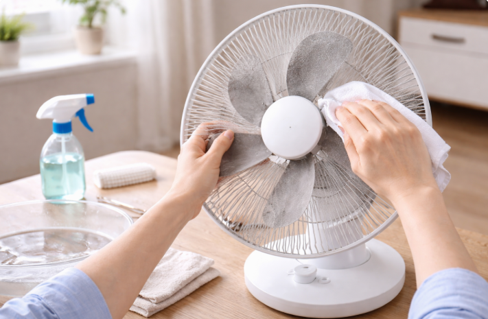 선풍기 날개 먼지를 닦으며 계절가전 점검과 청소를 하는 모습
