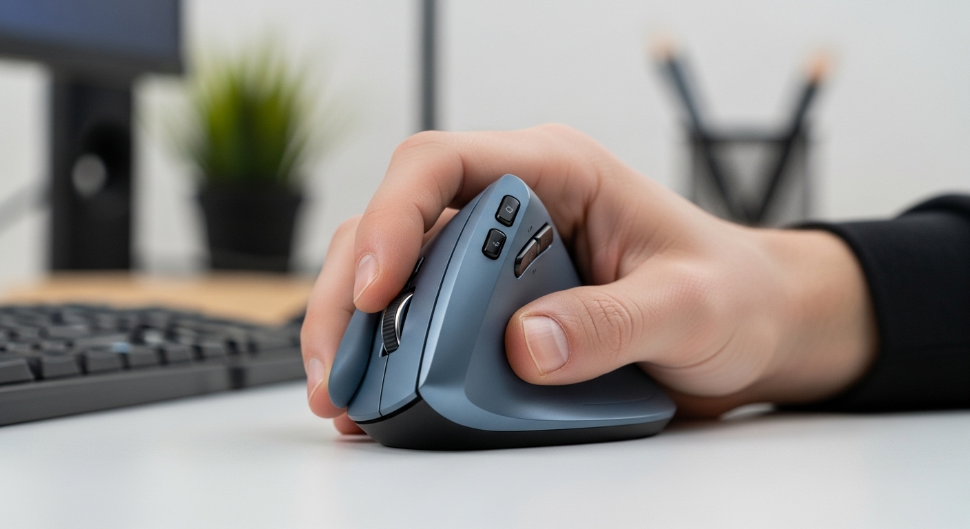 손목 통증 예방에 도움을 주는 버티컬 인체공학 마우스를 잡고 있는 자연스러운 손의 모습.