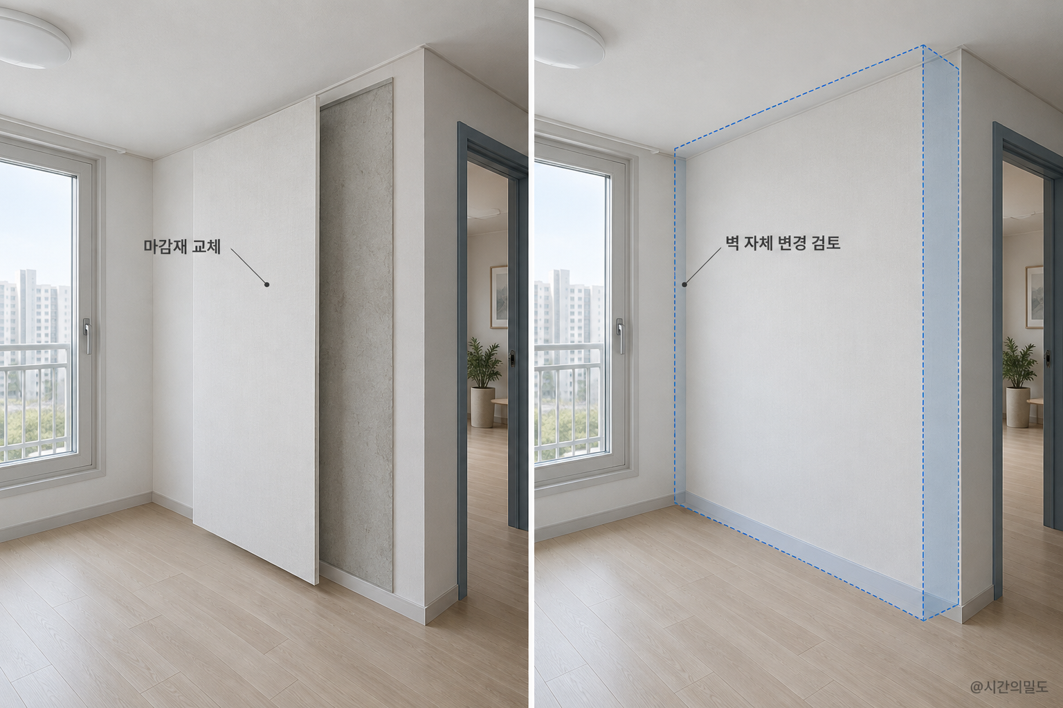 같은 벽을 남겨 표면 마감만 바꾸는 계획과 벽 자체를 제거하려는 계획의 범위를 나란히 표시한 상세 설명 그림