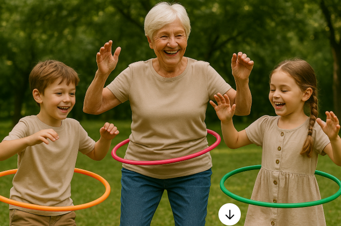 치매예방을 위해 운동하고있는 할머니와 손주들의 이미지