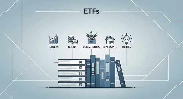 주식, 채권, 원자재 등 다양한 자산군을 대표하는 책들이 쌓여있는 모습의 인포그래픽으로, ETF의 다각적인 투자 대상을 시각적으로 표현합니다.