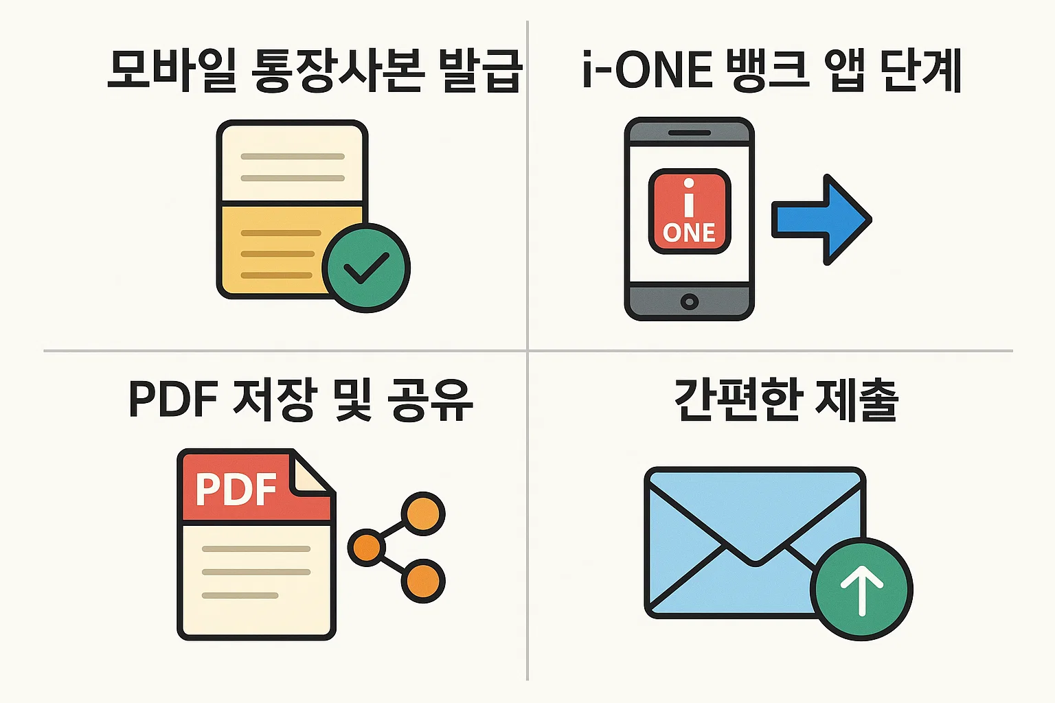 기업은행 i-ONE 뱅크 앱을 통한 통장사본 모바일 발급 절차를 단계별로 정리한 인포그래픽으로, PDF 저장과 간편 제출 방법까지 시각적으로 안내했습니다.