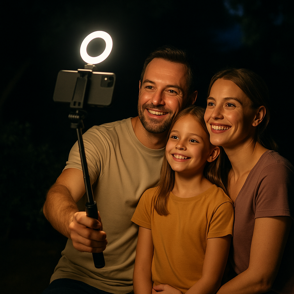 LED 조명이 장착된 무선 블루투스 셀카봉으로 가족이 야간 촬영을 하는 장면