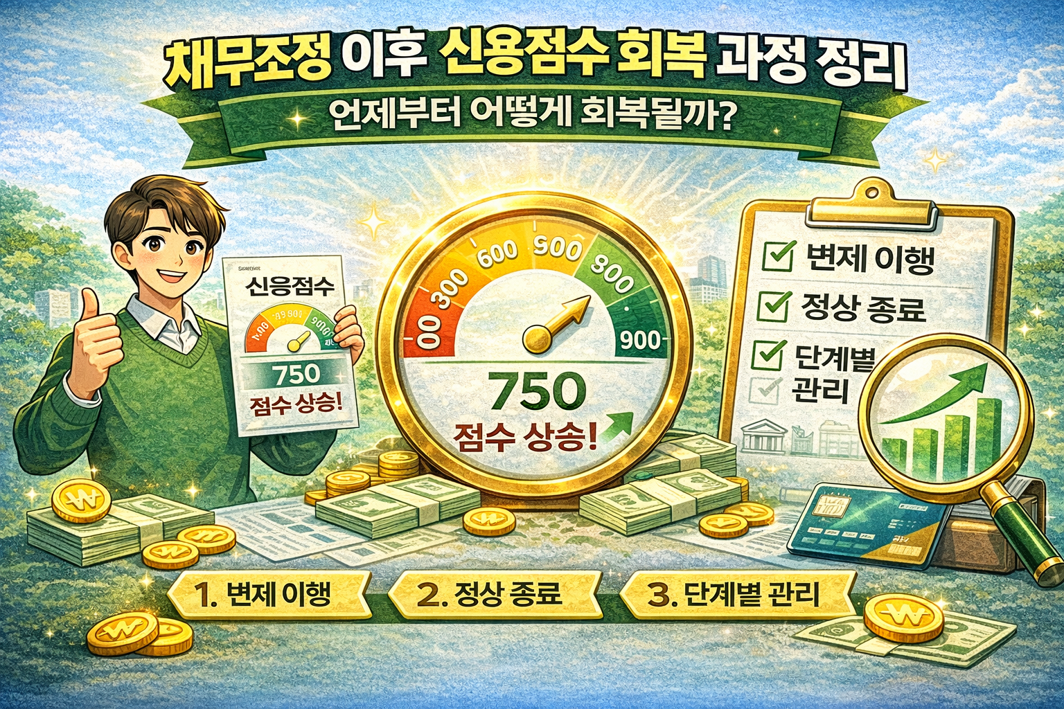 채무조정 이후 신용점수 회복 과정 정리|언제부터 어떻게 회복될까? (이미지 챗지피티)