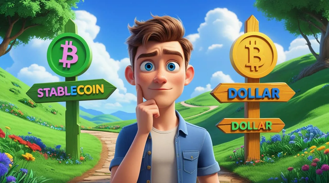 미국 스테이블코인과 달러 중 어느 곳에 투자할지 고민하는 젊은 남성 투자자가 갈림길에서 고민하는 모습.