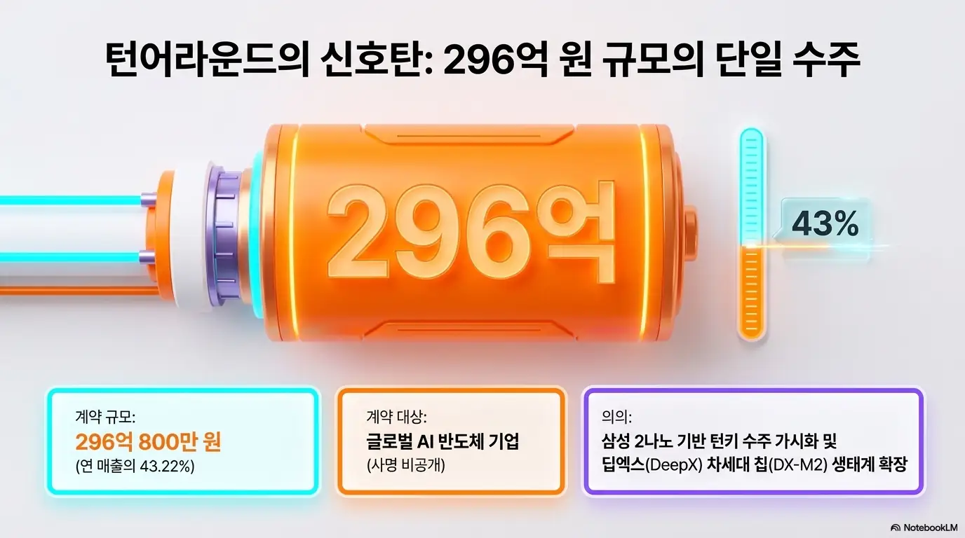 가온칩스 주가 전망: 296억 원 규모 단일 수주와 연 매출 대비 43% 비중을 강조한 가온칩스 신규 계약 인포그래픽. 글로벌 AI반도체 기업과의 296억 800만 원 계약과 딥엑스 차세대 칩 생태계 확장을 시각적으로 전달하며&amp;#44; 가온칩스 턴어라운드 신호탄이 된 신규 수주를 설명함.