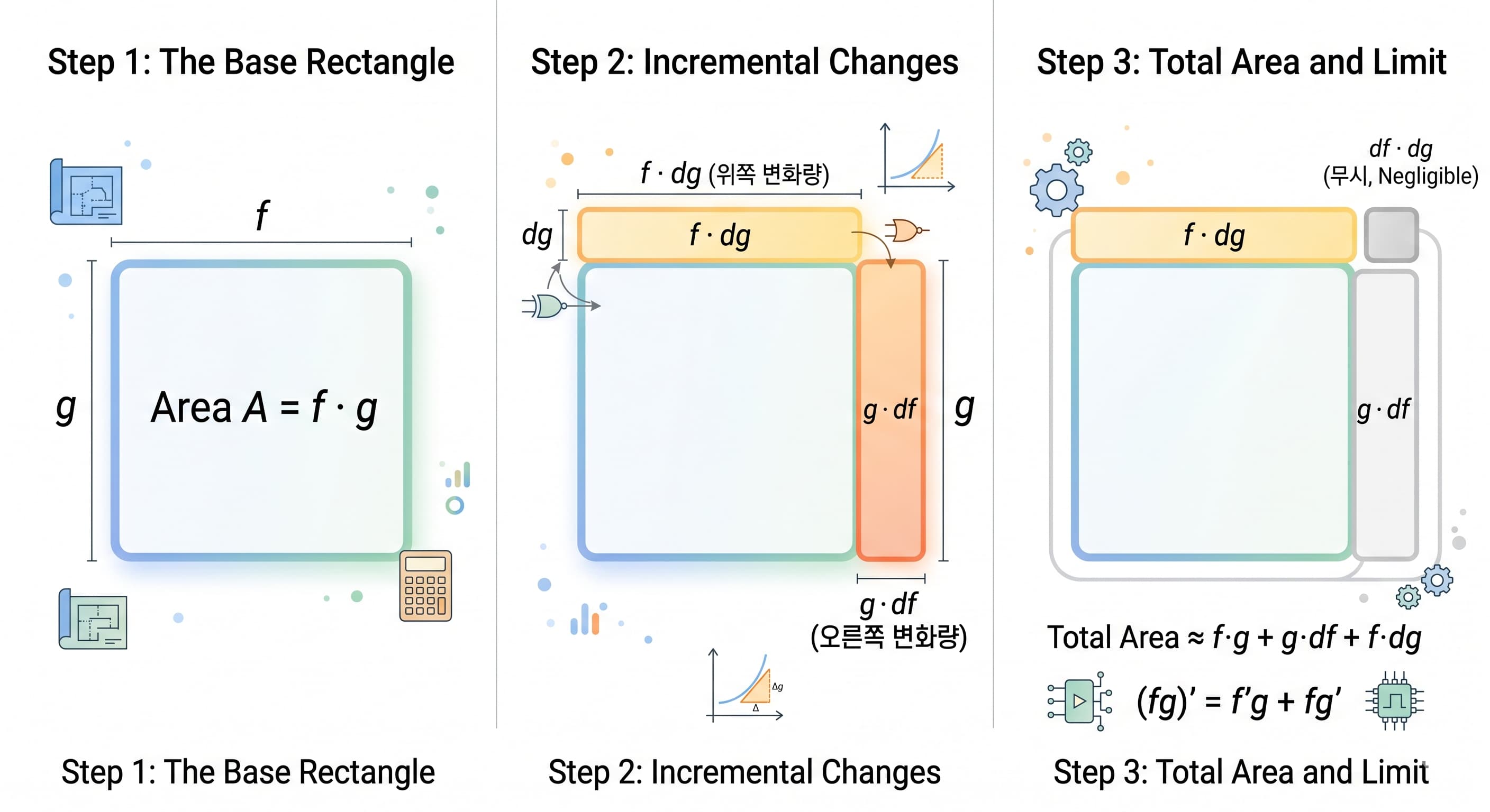 직사각형으로 이해하는 곱의 미분 넓이 변화 구조 다이어그램