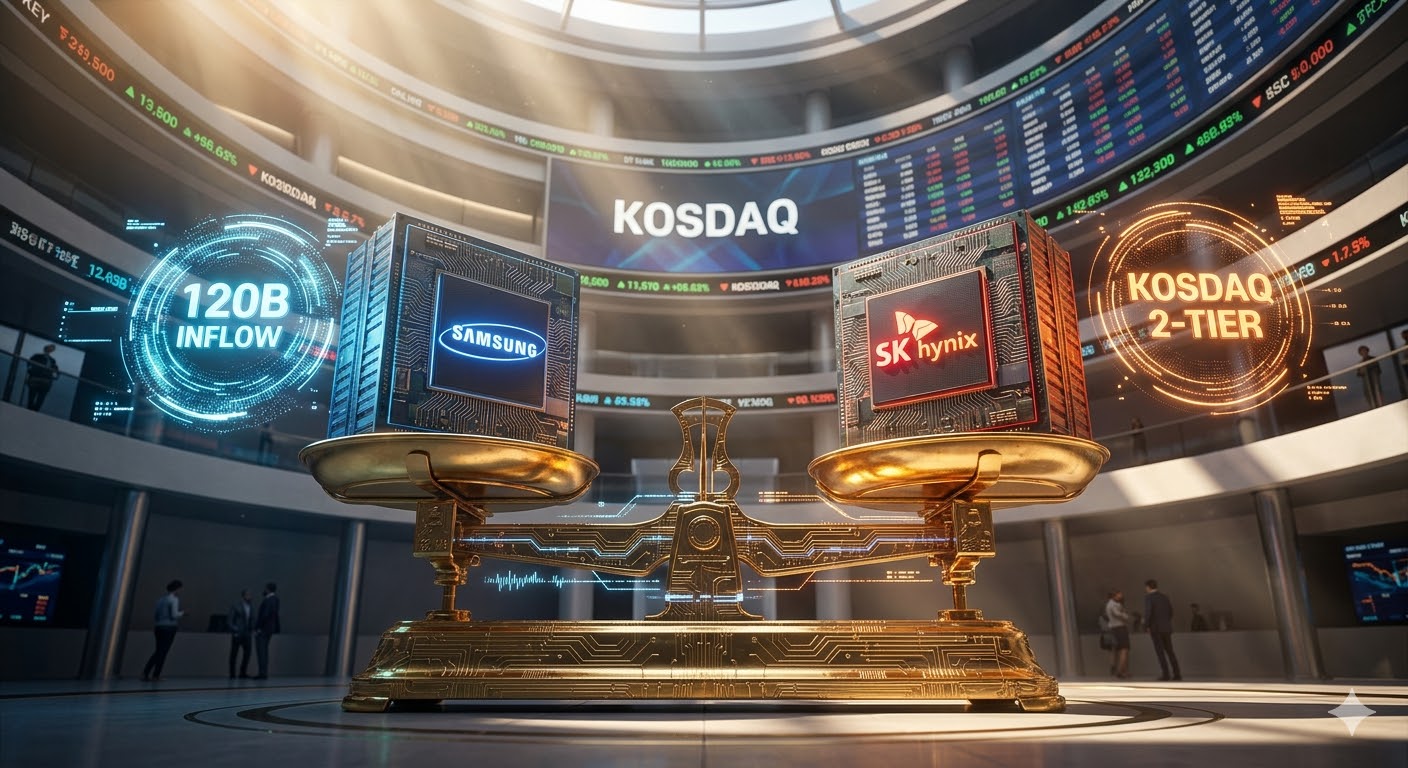 삼성전자와 SK하이닉스 로고가 새겨진 거대한 반도체 칩이 황금색 저울 위에서 균형을 이루고 있고, 그 주위에 '1,200억 유입'과 '코스닥 2부제'라는 홀로그램이 떠 있는 3D 일러스트