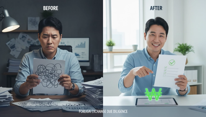 외국환거래법 미신고로 고민하는 한국인 남성과, 신고 후 안심하며 서류를 확인하는 모습.