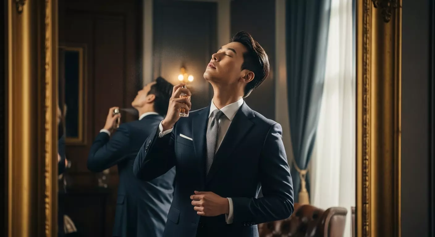 남성이 향수를 뿌리는 이미지