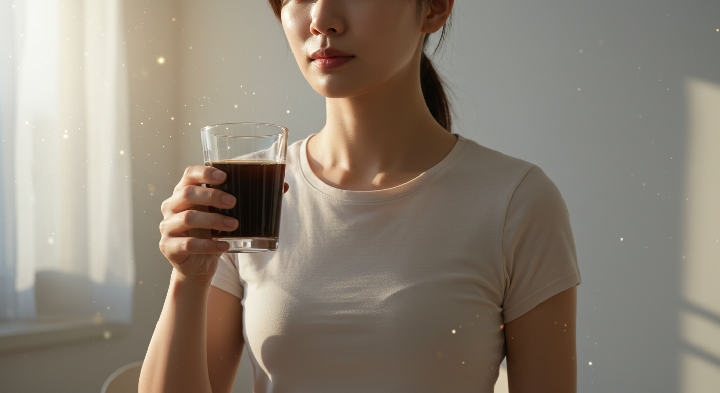 간헐적 단식 성공을 상징하는, 물이나 커피를 든 차분하고 결단력 있는 한국인.