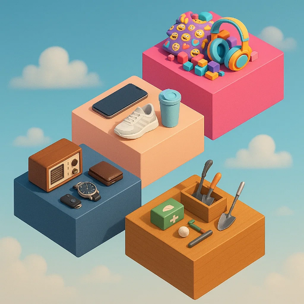 파스텔톤 배경 위에 공중에 떠 있는 4개의 입체 블록 위에 전자기기, 신발, 음료컵, 시계, 도구, 장난감, 쿠션, 헤드폰 등 다양한 소비재가 정리되어 전시된 이소메트릭 스타일 이미지