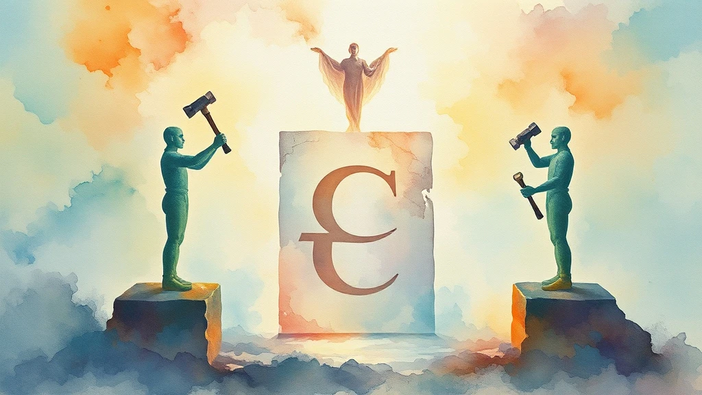 저울을 든 여신의 포즈의 여자와 양 옆에 네모난 바위에 올라가 망치를 들고 있는 두 남자가 있다