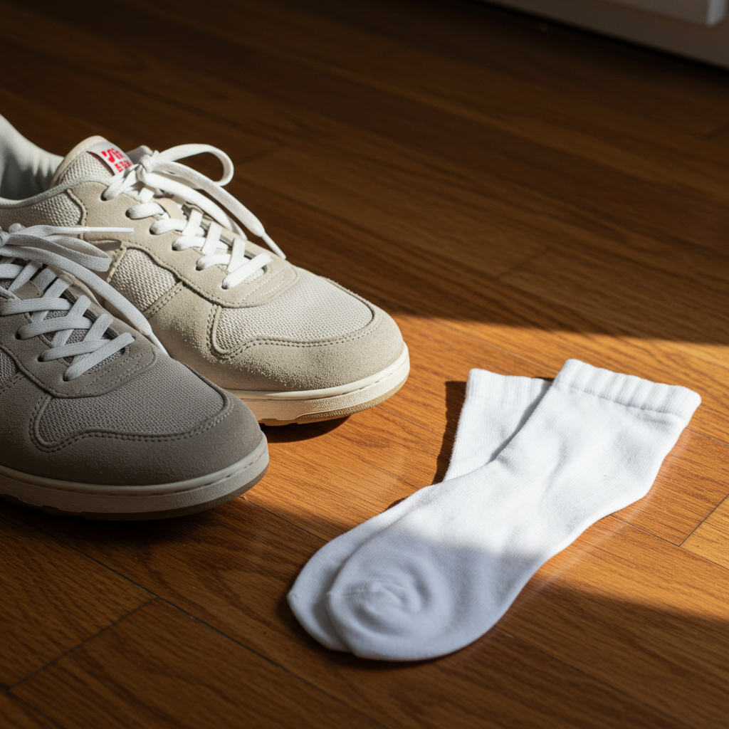 발에 잘 맞는 편안한 운동화와 깨끗한 면양말 한 켤레가 나란히 놓여 있는 모습.
