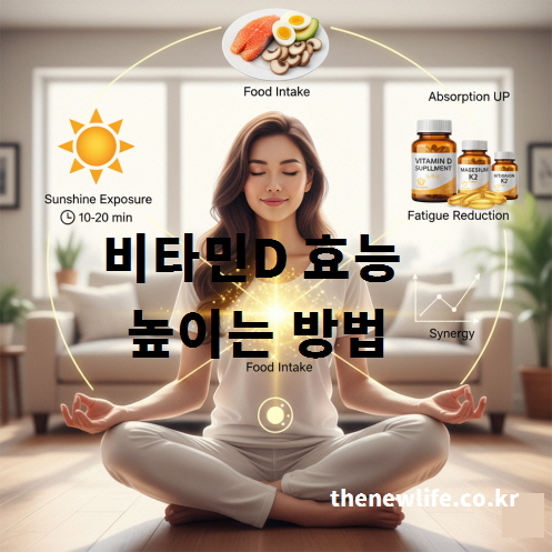 비타민D 효능을 높이는 방법 – 햇빛 노출, 음식 섭취, 영양제 복용, 마그네슘·K2 시너지로 비타민D 흡수율을 높이는 이미지