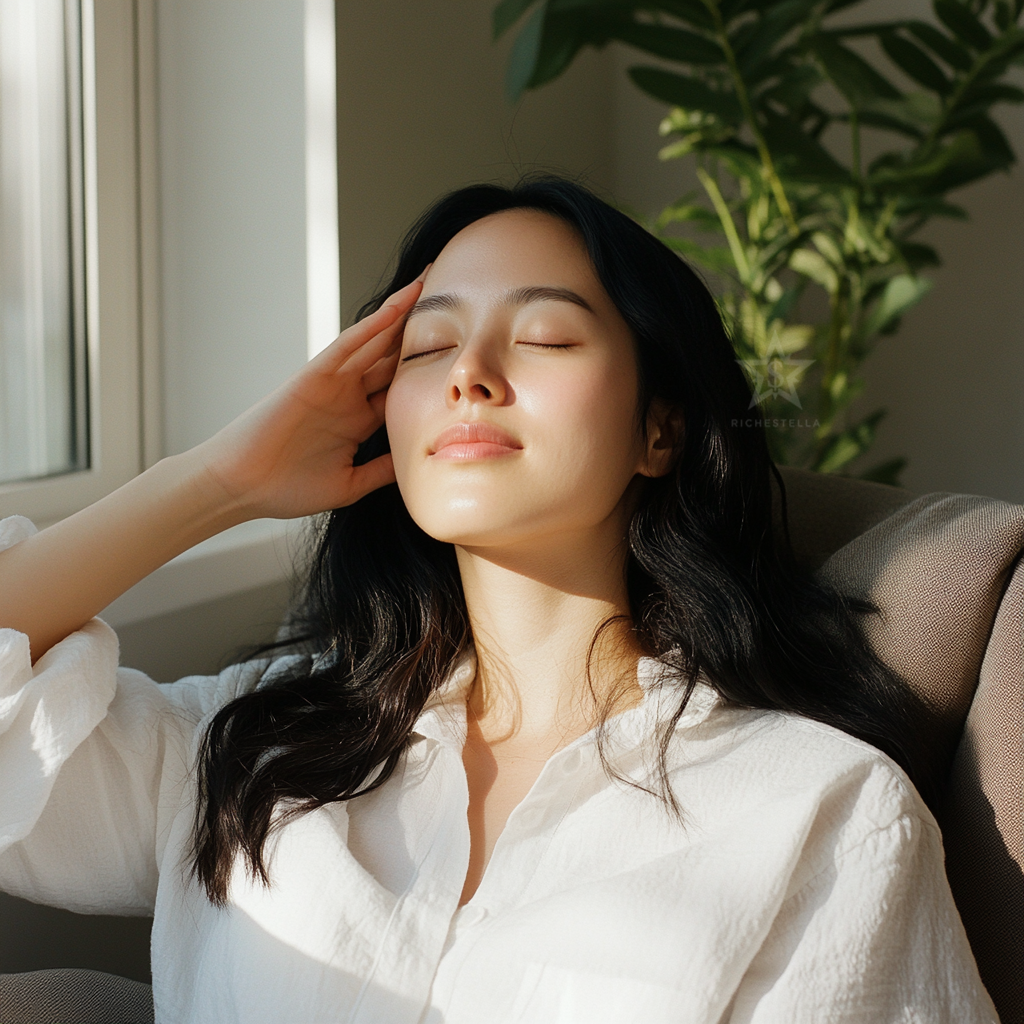 스트레스 해소와 힐링 – 따뜻한 햇살 아래 두피마사지를 즐기는 여성