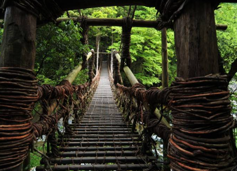 숲 한가운데. 오래된 다리가 있는 사진