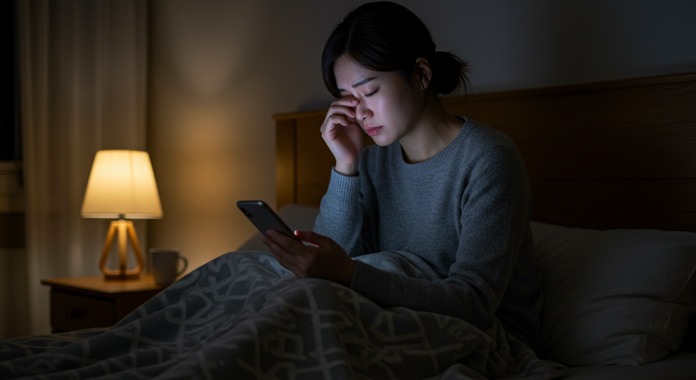 스마트폰 보면서 눈 피로한 여성