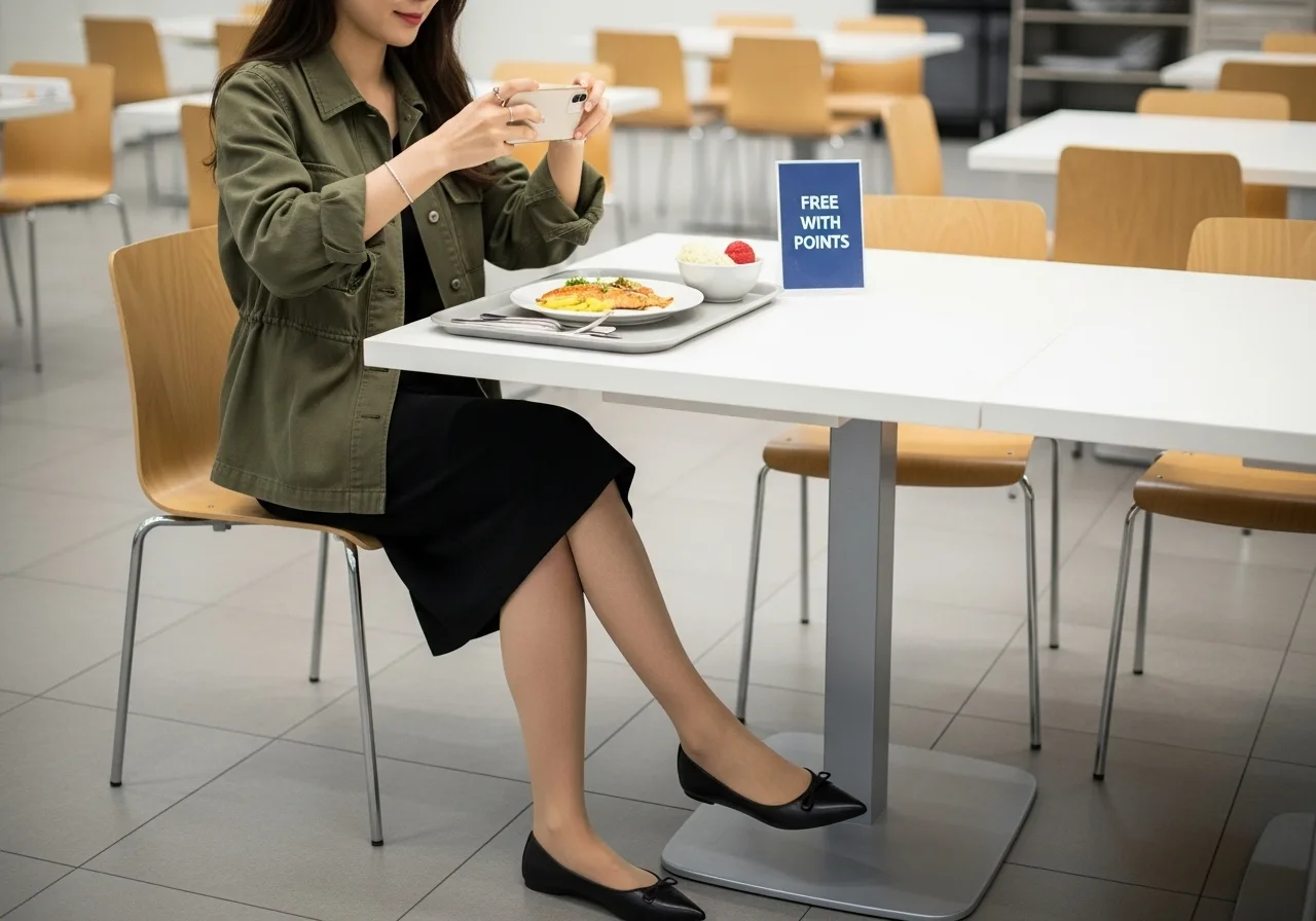 이케아 레스토랑에서 젊은 한국인 여성이 포인트로 받은 무료 식사를 앞에 두고 만족스럽게 사진을 찍고 있다