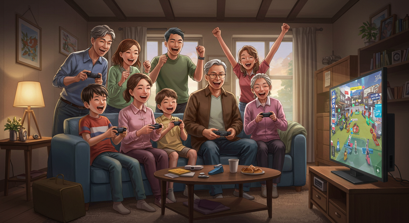 다양한 연령대의 사람들이 게임을 즐기며 웃고 있는 따뜻한 이미지