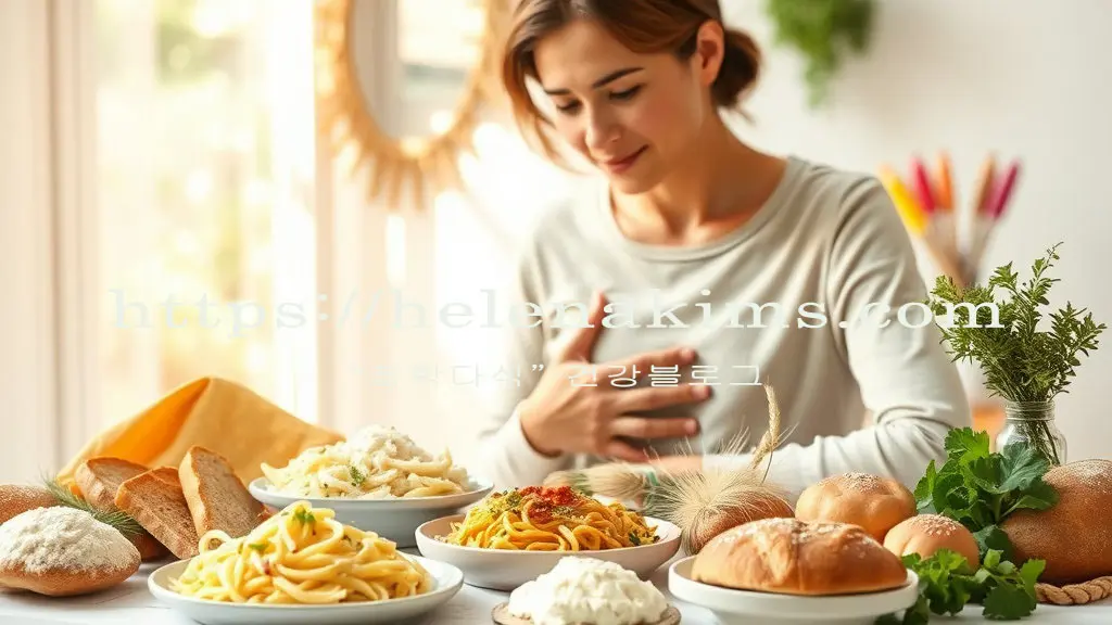 한 여성이 밀가루 음식을 앞에 놓고 속이 불편함을 느끼는 모습.