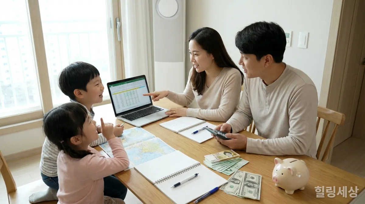 한국 가족이 노트북과 공책을 보며 여행 예산을 계획하는 모습