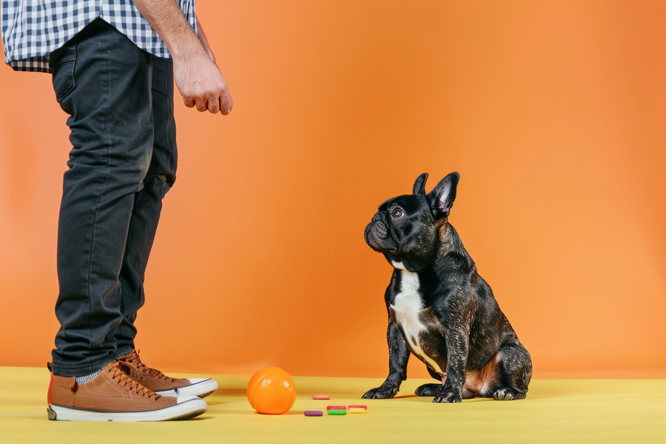a French Bulldog in a training session with treats