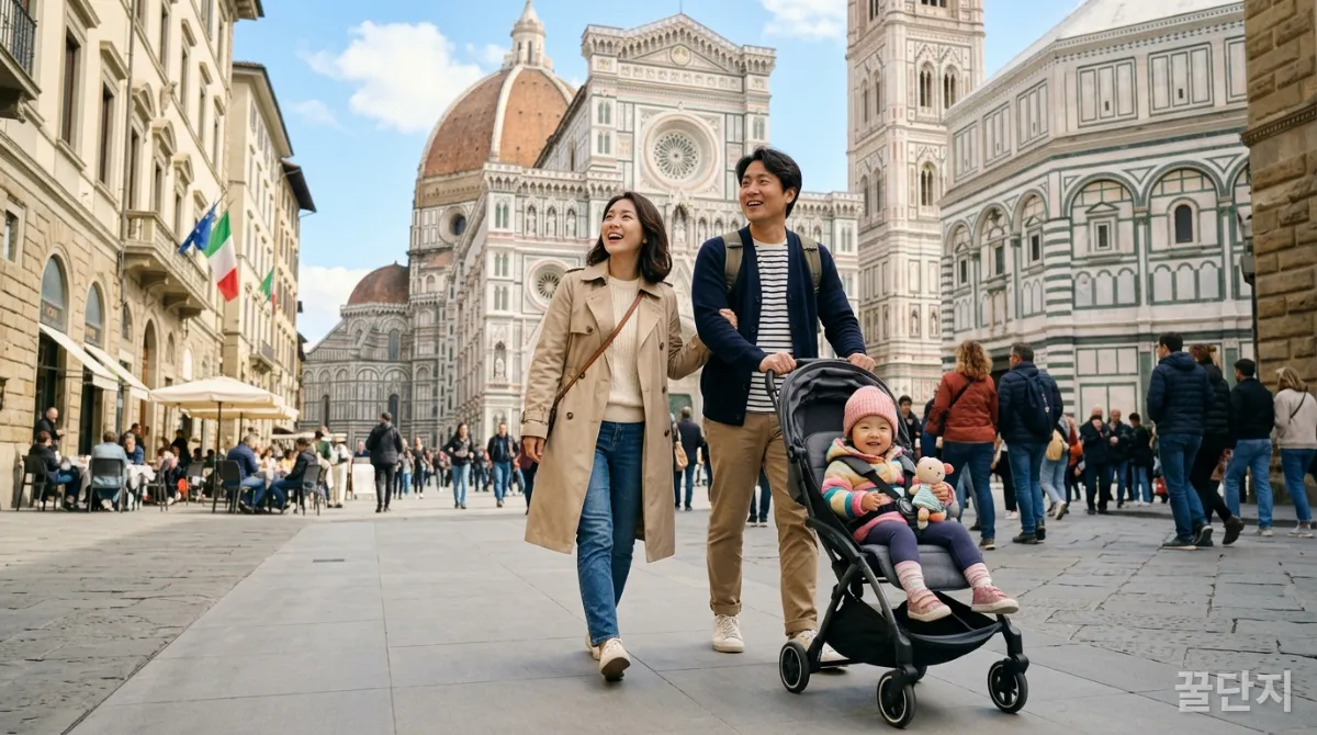 휴대용 유모차에 앉아 해외여행지를 구경하는 한국인 아이와 가족