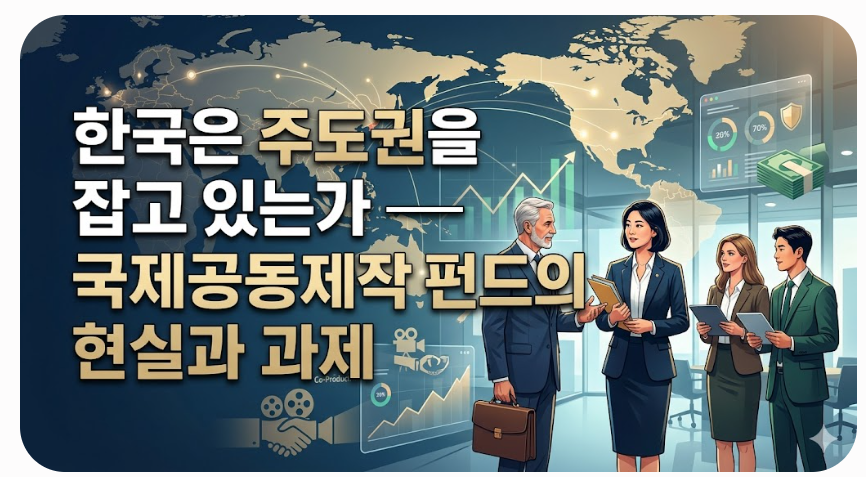 "한국은 주도권을 잡고 있는가 — 국제공동제작 펀드의 현실과 과제"라는 크고 굵은 제목이 왼쪽 상단에 배치된 블로그 썸네일. 배경은 세계 지도와 데이터 그래프, 그리고 네 명의 비즈니스 전문가들(서양 남성, 한국 여성, 서양 여성, 동양 남성)이 대화하고 협력하는 모습을 담은 전문적이고 현대적인 그래픽 스타일이다.
