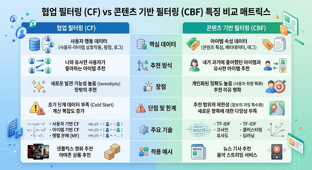 데이터 희소성(Sparsity)과 콜드 스타트(Cold Start) 문제를 해결하기 위해 두 모델의 장점을 하이브리드 형태로 결합하는 전략이 요구됩니다.