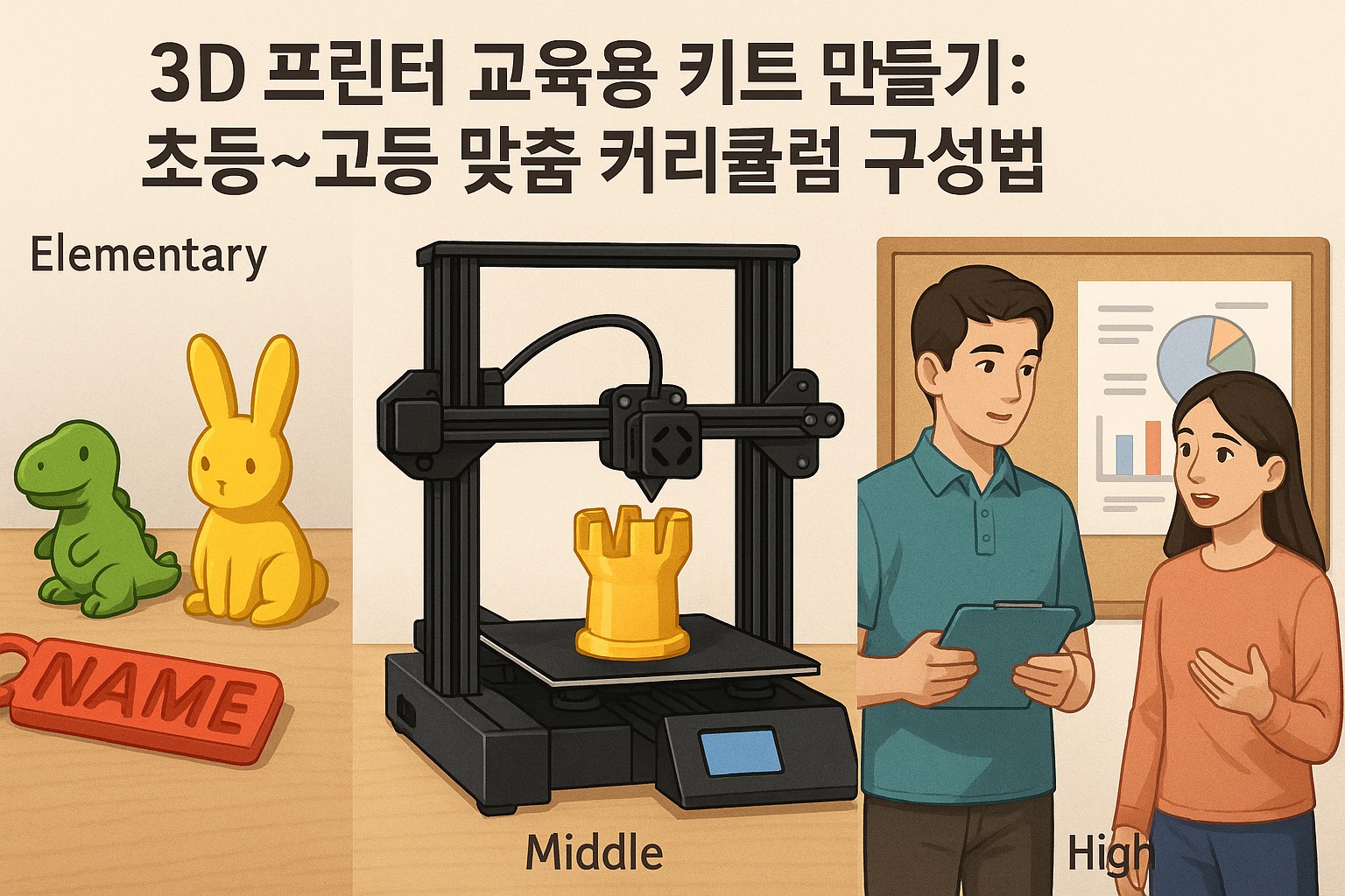 초등, 중등, 고등 학생을 위한 3D 프린터 교육 키트 구성 예시 이미지