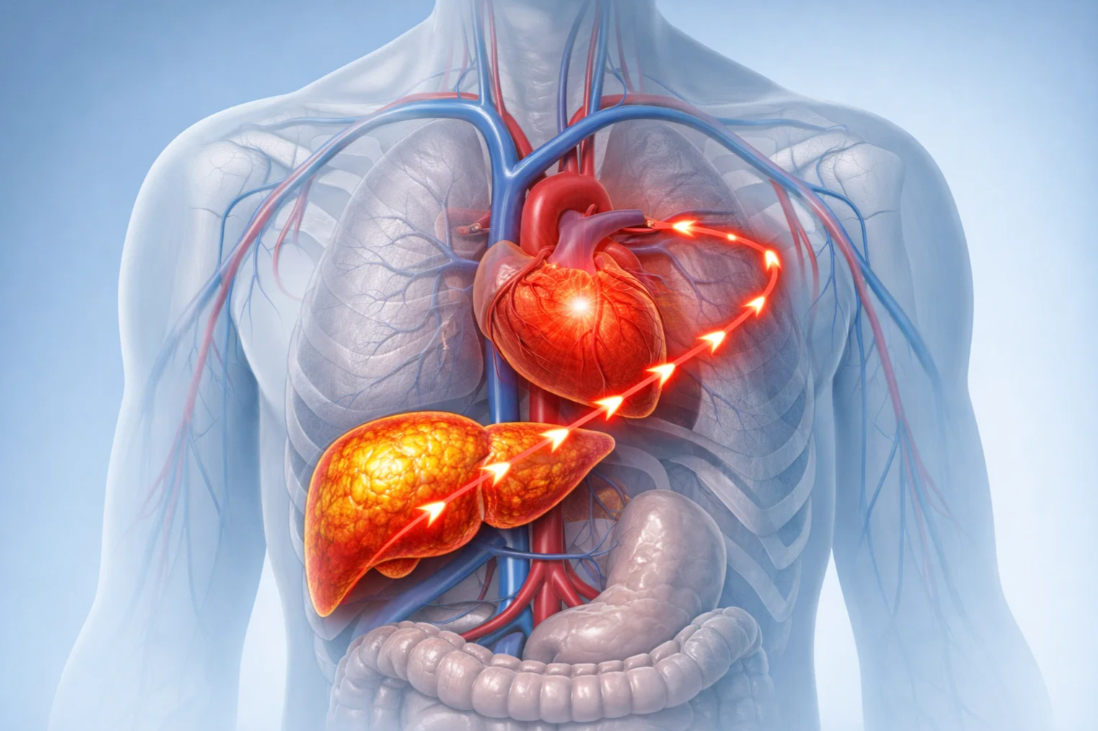 지방간이 심혈관계에 영향을 미치는 과정을 보여주는 인체 장기 구조 시각화 이미지