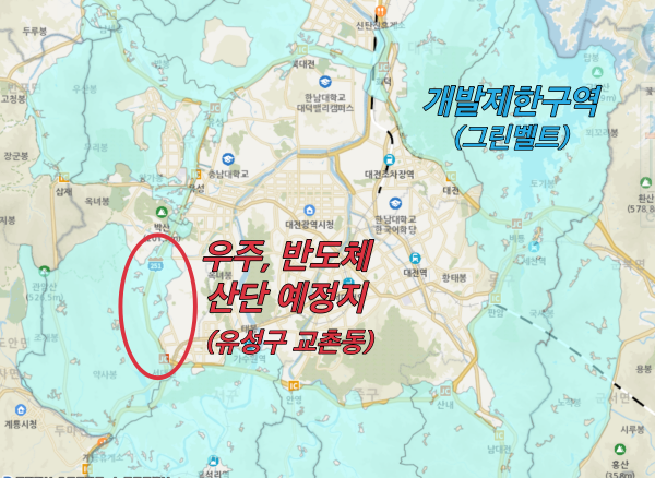 대전은 면적의 57%가 그린벨트로 이루어져 있어 산단 개발을 위해서는 해제가 필요하다.