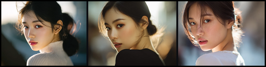 시네마틱 포트레이트, 어깨 너머로 뒤를 돌아보는 한국 여성 모델, 부드러운 역광과 신비로운 분위기 이미지_Midjourney