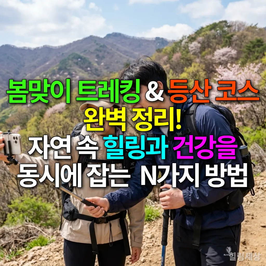 봄꽃이 만개한 산길을 걷는 젊은 한국인 커플의 행복한 모습