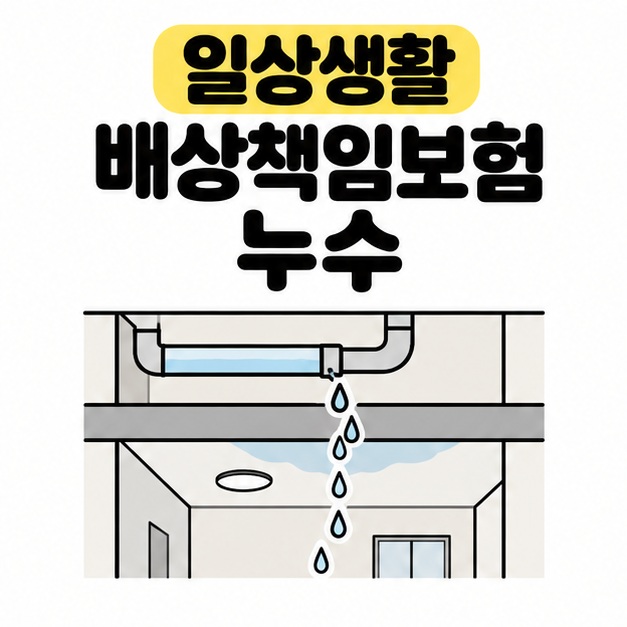 일상생활 배상책임보험 누수 제목과 윗집 배관에서 아래층으로 물이 새는 단면도를 담은 대표 이미지