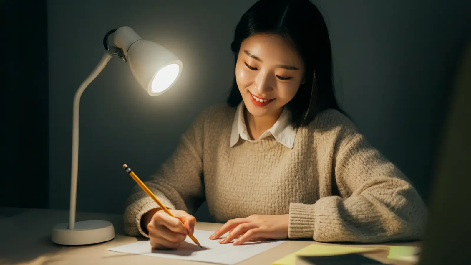 연필로 글을 쓰는 학생