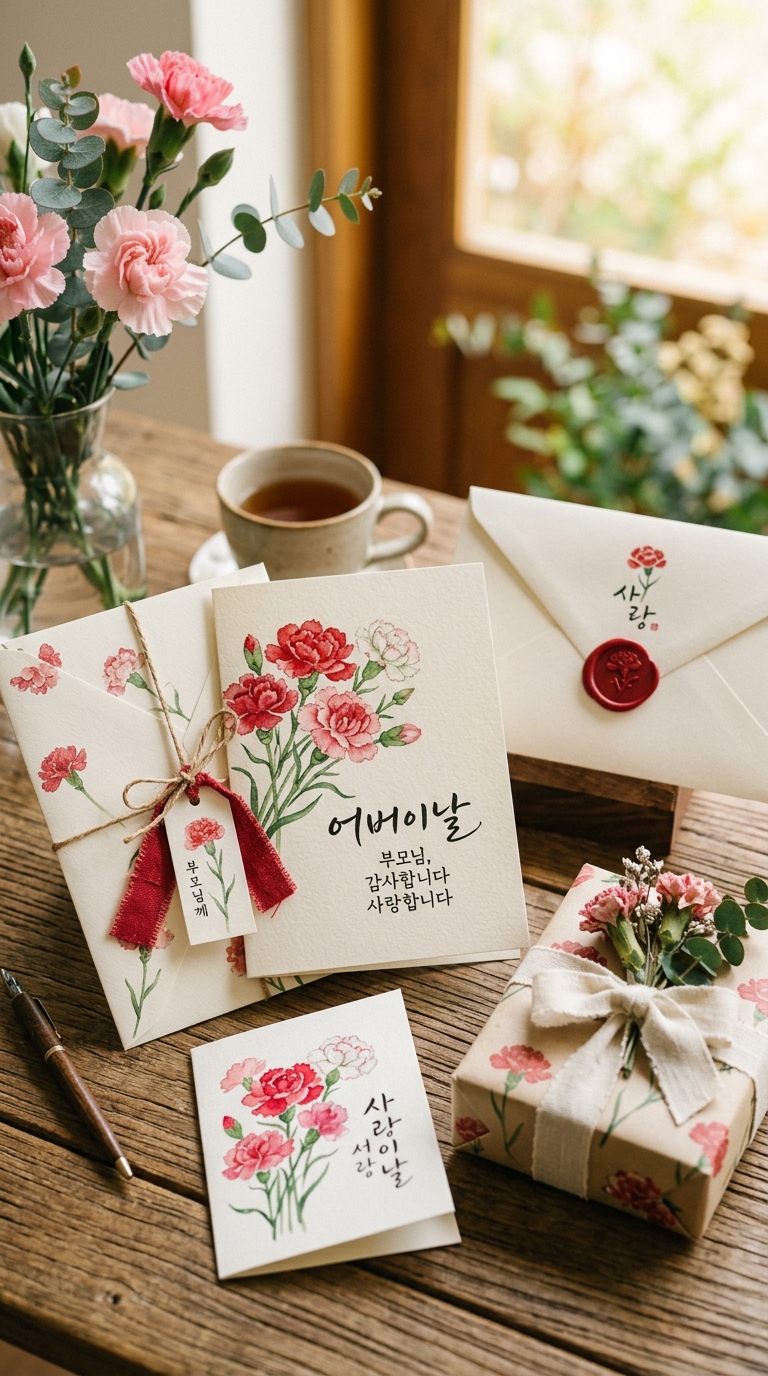 예쁘게 포장된 봉투와 카네이션 일러스트가 그려진 카드