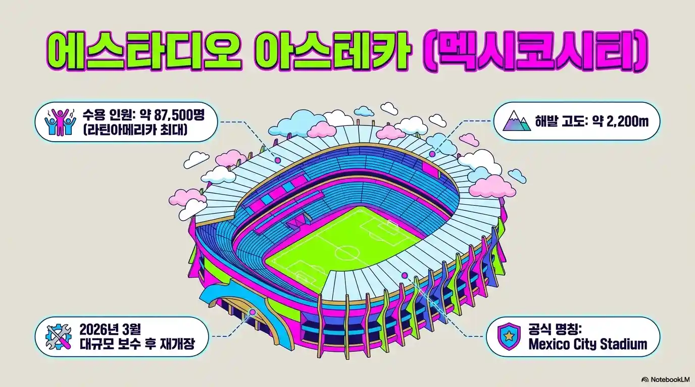 2026 북중미 월드컵 개막전 경기장 에스타디오 아스테카(멕시코시티) 인포그래픽 - 수용 인원 약 87,500명(라틴아메리카 최대), 해발 고도 약 2,200m, 공식 명칭 Mexico City Stadium, 2026년 3월 대규모 보수 후 재개장