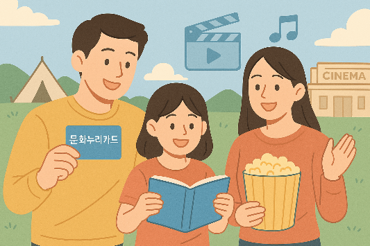 문화누리카드를 들고 다양한 문화를 즐기는 가족 일러스트